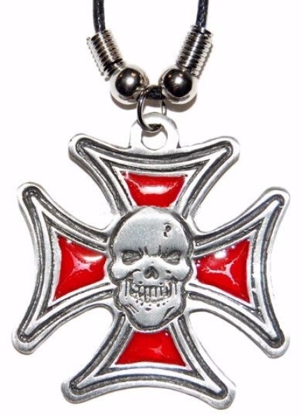 Halskette - Eisernes Kreuz mit Totenkopf - rot Halskette - Eisernes Kreuz mit Totenkopf - rot