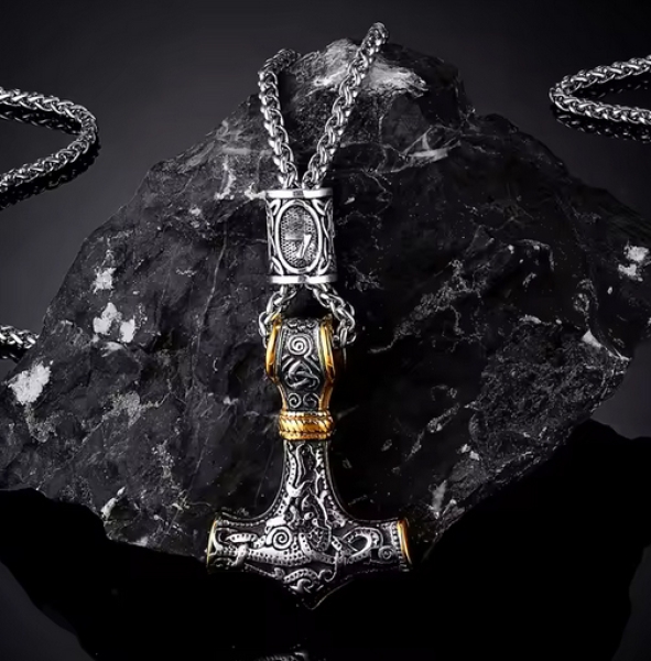 Halskette - Thors Hammer - mit Rune - silber/gold Optik Halskette - Thors Hammer - mit Rune - silber/gold Optik